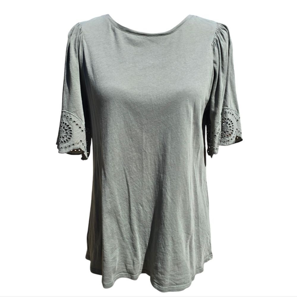 LOFT -1671 Short Eyelet Sleeve Sage Green Top Medium